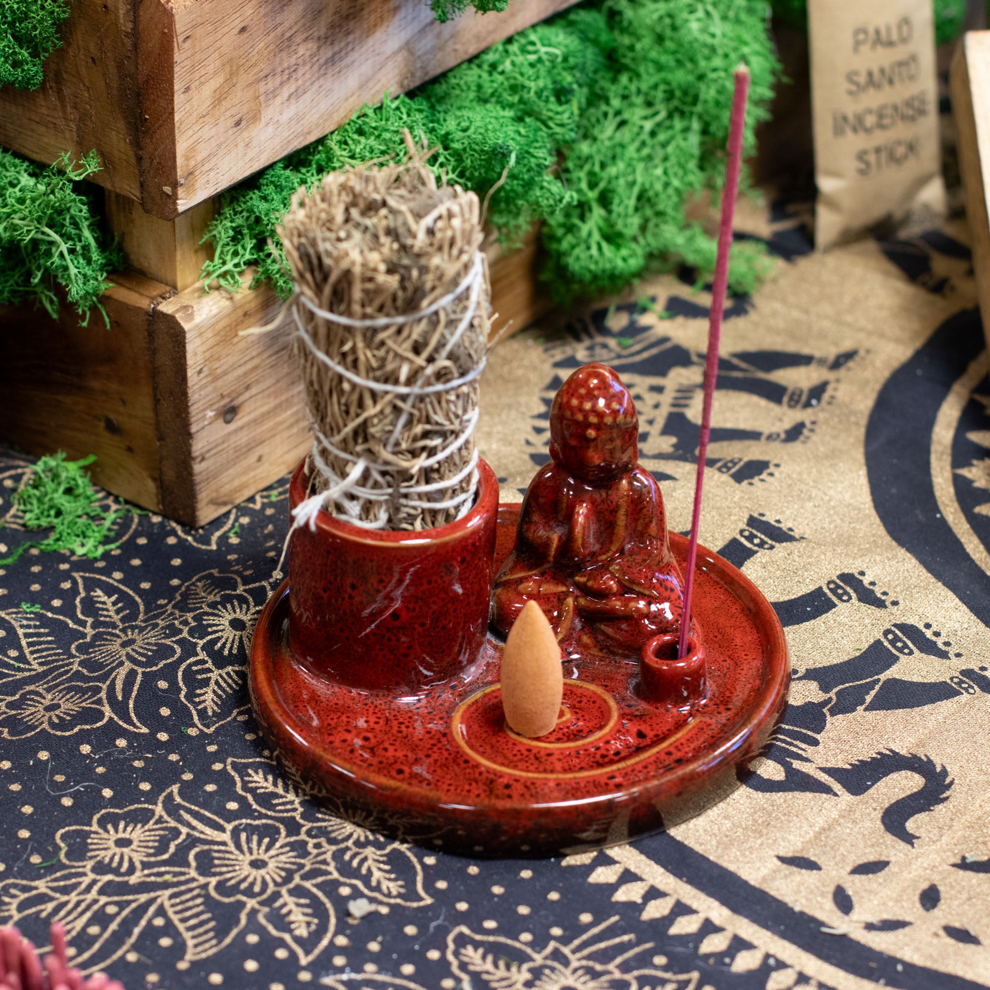 Buddha Incense Plate - Ceramic Soft Red